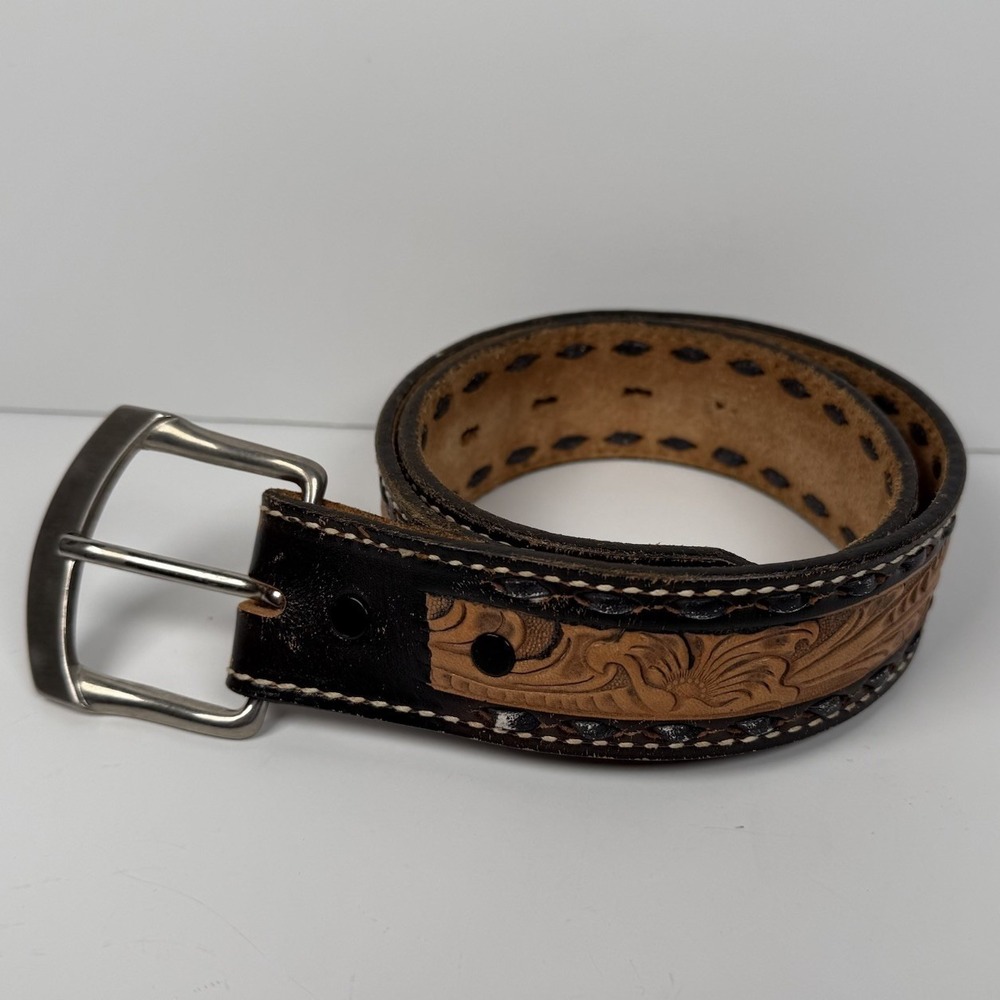 Tony Lama Belt Mens 28 Brown Tooled Leather Western Cowboy Buckle